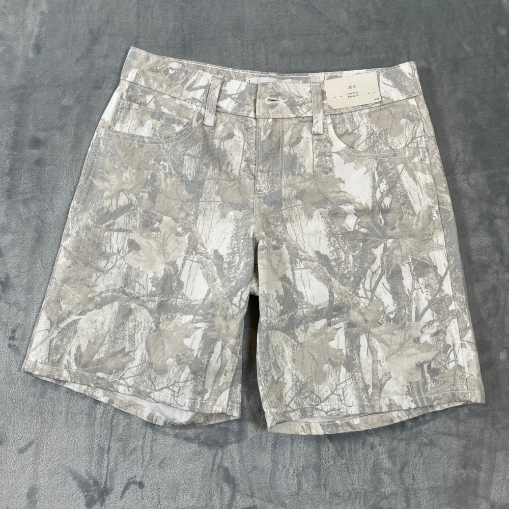 Hollister Low-Rise Baggy Jort W26 Tan White Camo Leaf Print Denim Shorts Size 2
